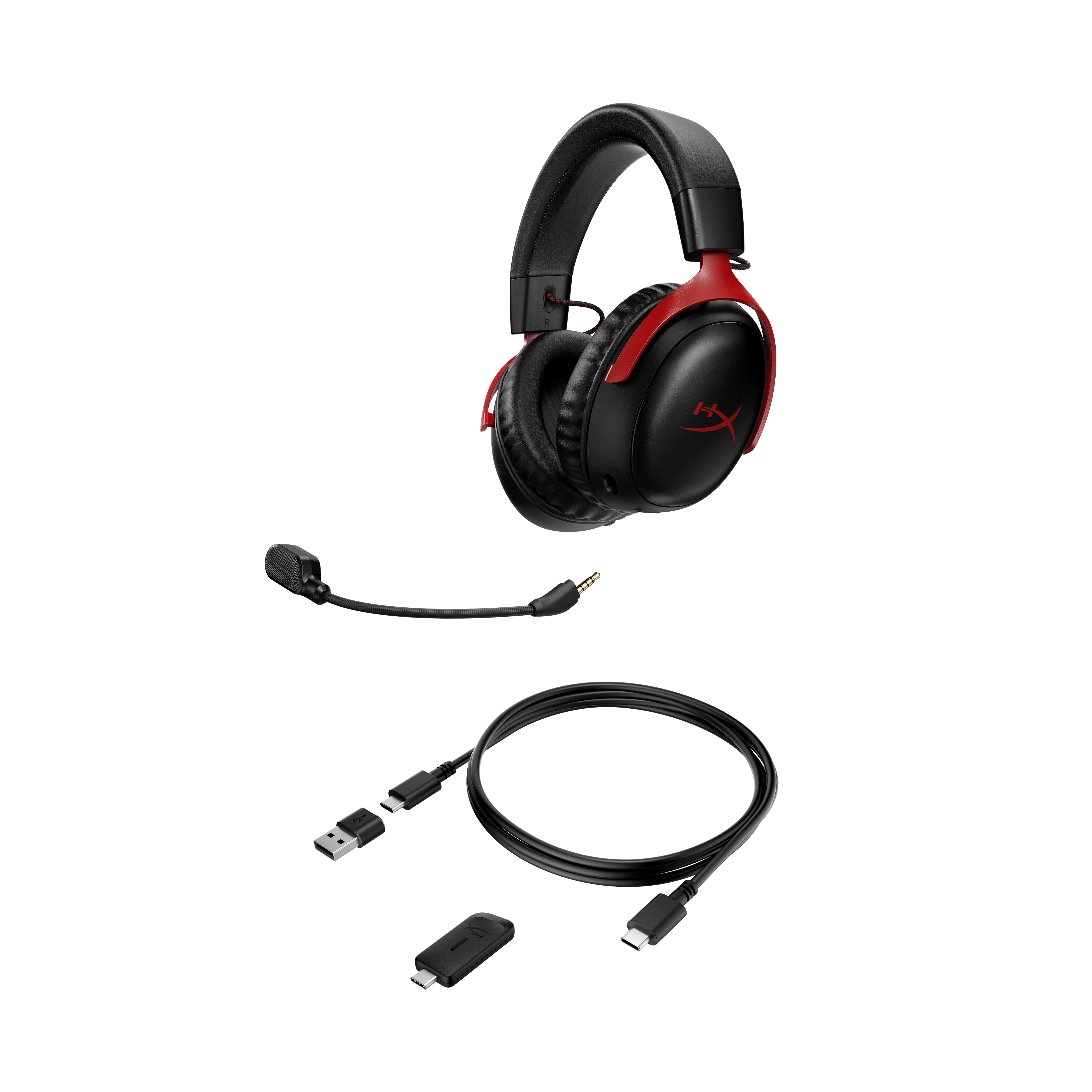 HyperX Gaming-Headset, abnehmbares Mikrofon, Kabel und USB-Adapter. Zubehör wird gezeigt.