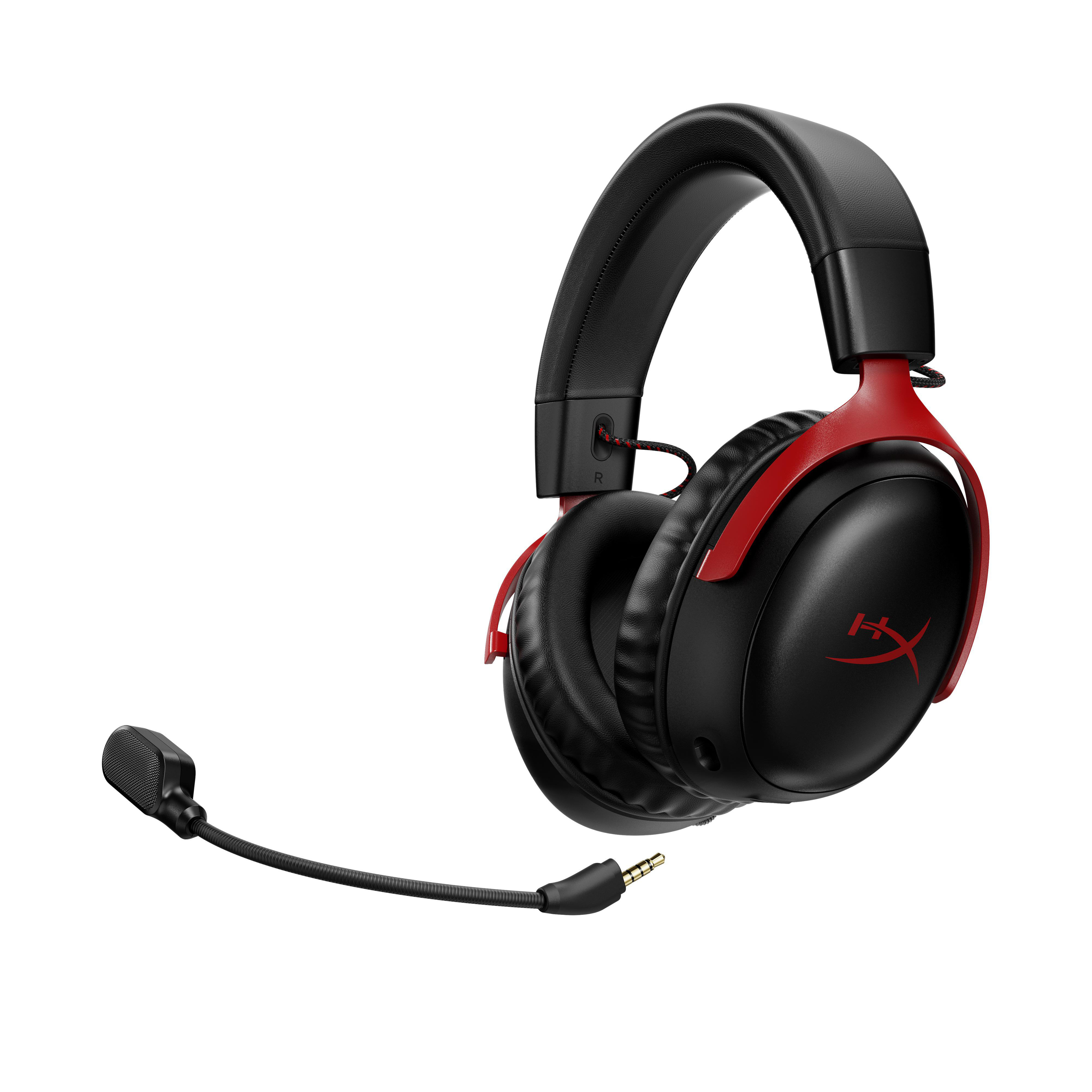 Schwarzes und rotes Headset mit Mikrofon, das sich vom linken Ohrhörer erstreckt.