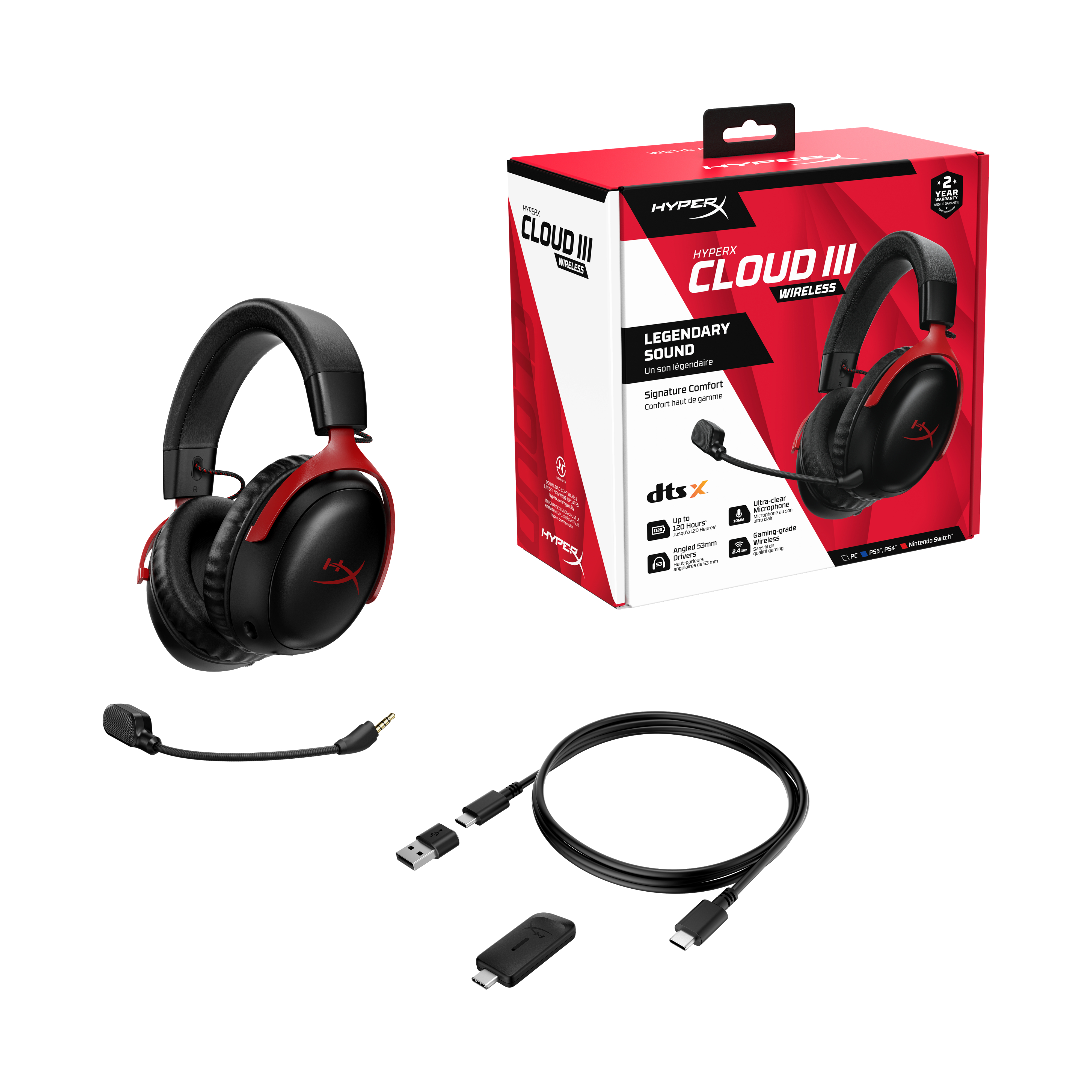 Schwarzes und rotes HyperX Cloud III-Wireless-Headset, Box und Zubehör auf weißem Hintergrund.