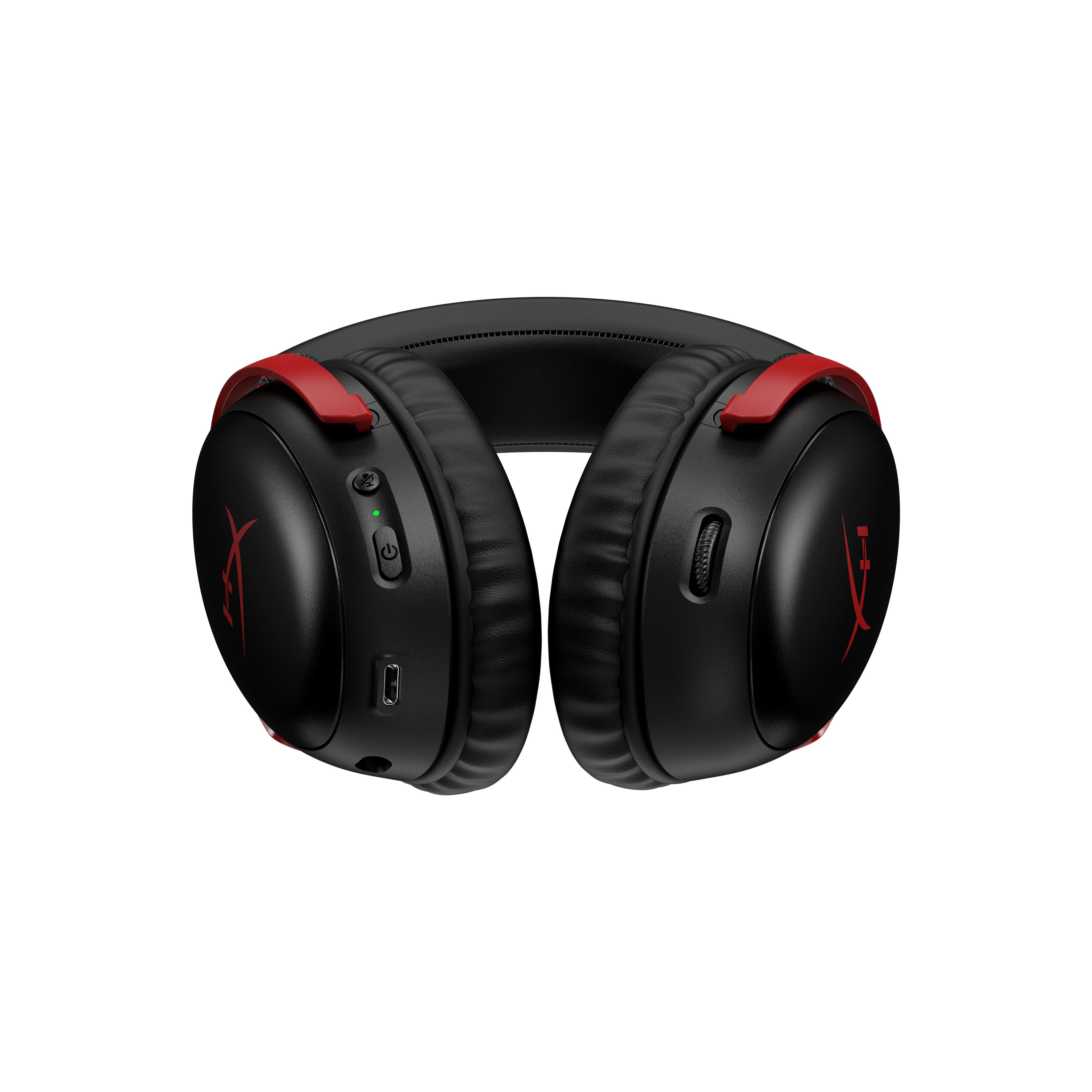 Schwarze und rote Gaming-Kopfhörer. Die Ohrmuscheln sind sichtbar.