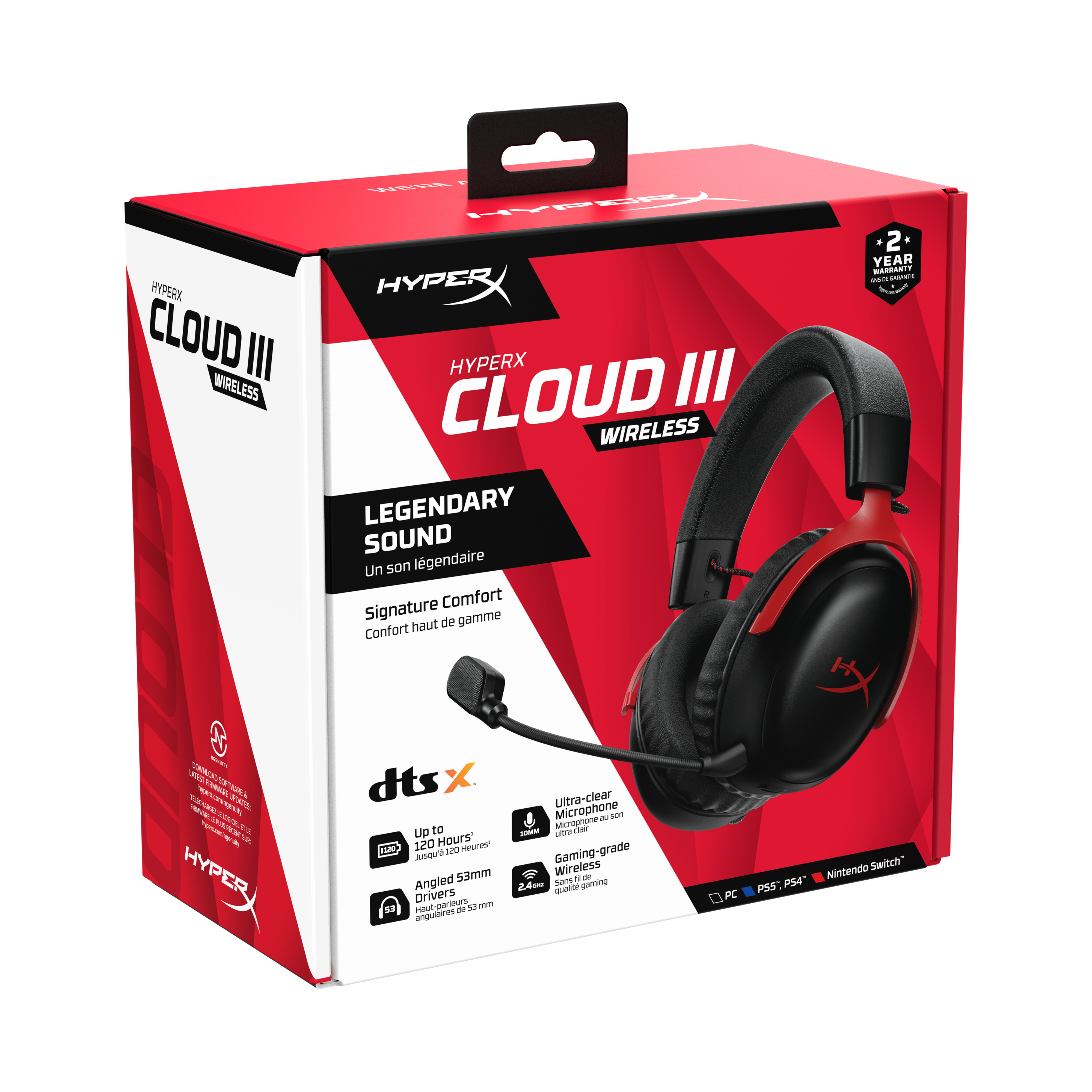 Schachtel mit schwarzem und rotem HyperX Cloud III Wireless Headset.
