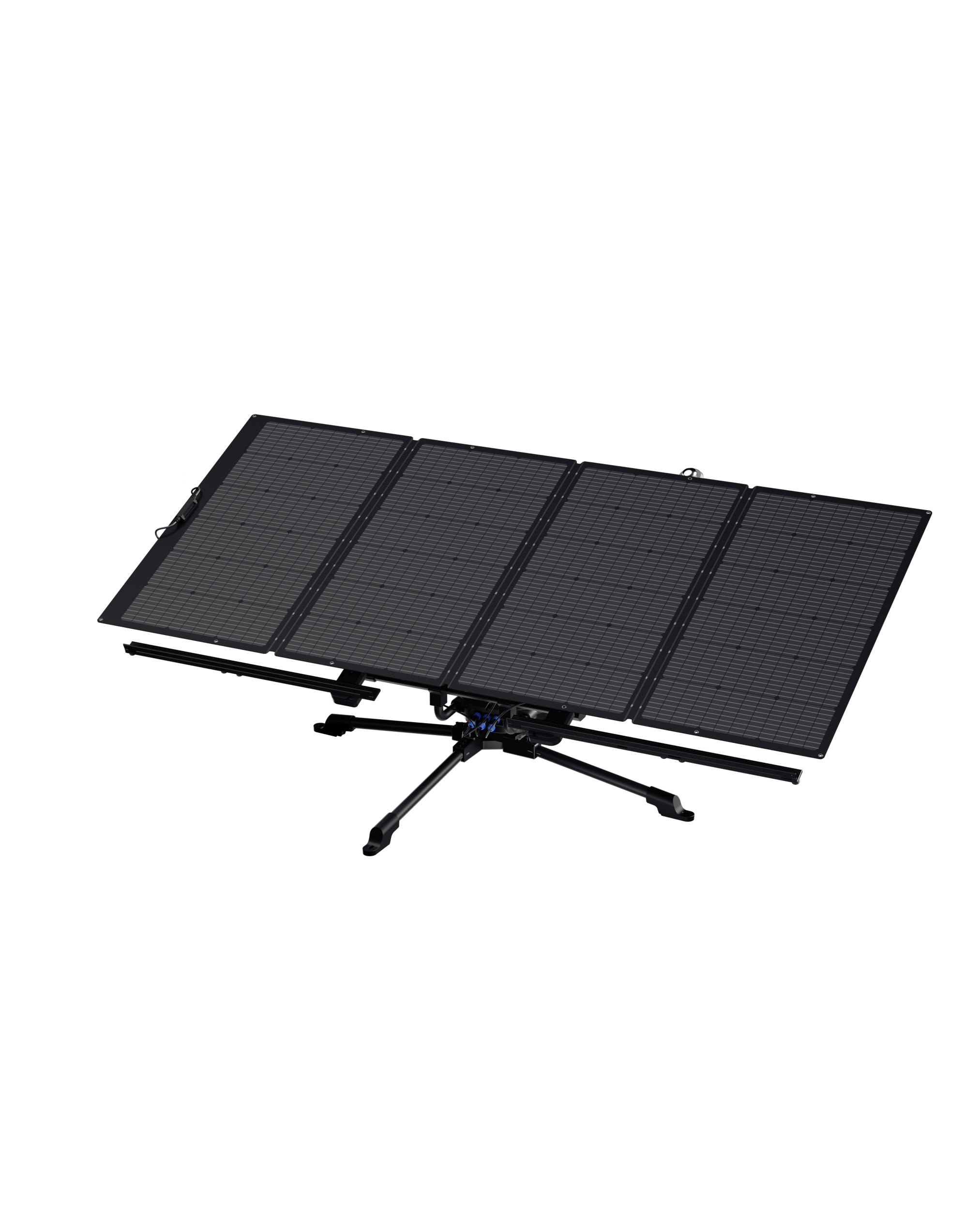 Solarpanel-Array in offener Position, schwarze Paneele und ein schwarzer Ständer.