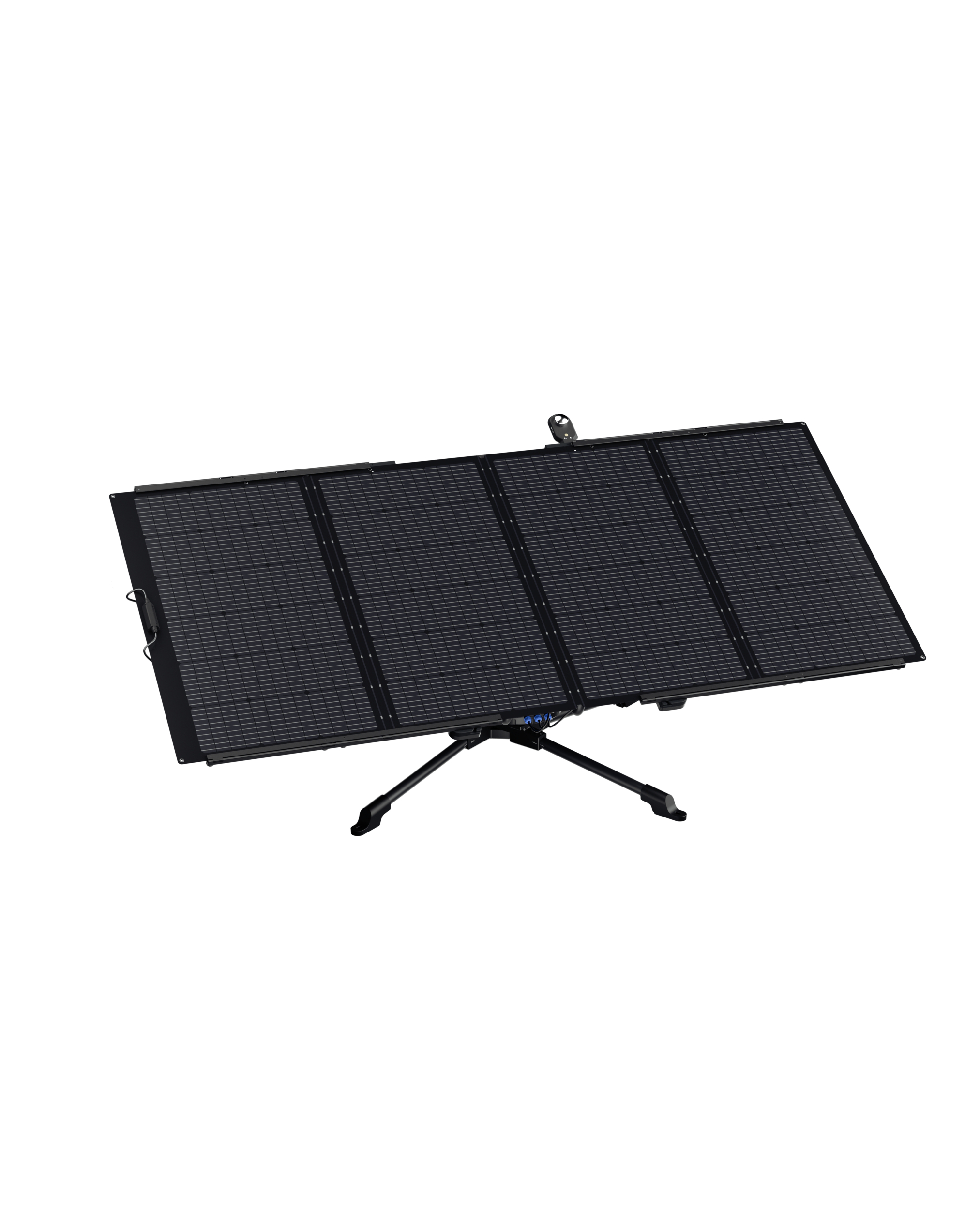 Faltbares Solarpanel auf einem Ständer. Das Panel ist schwarz mit vier Abschnitten.