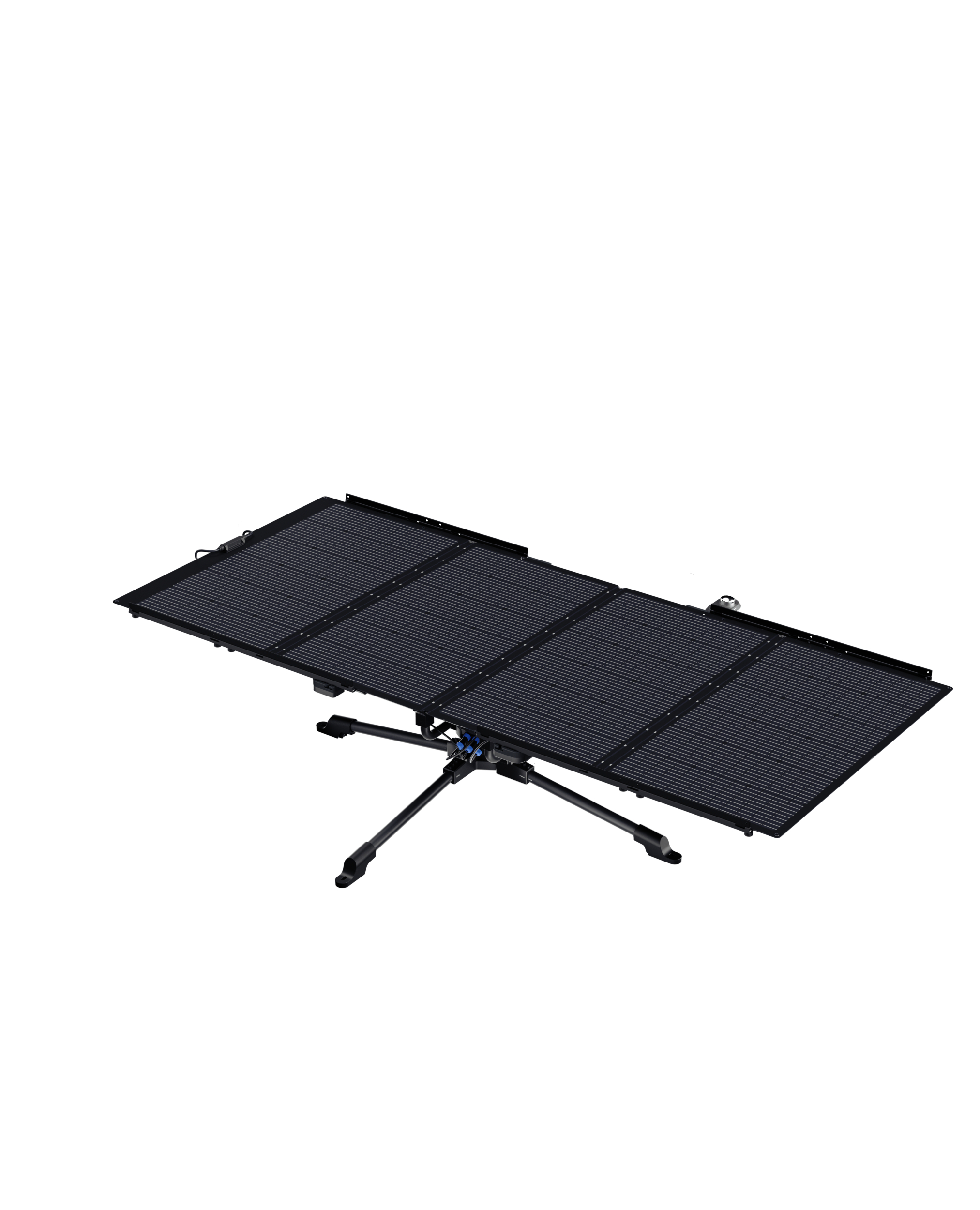 Schwarzes, faltbares Solarpanel auf einem Stativ. Vier Paneele sind sichtbar. Weißer Hintergrund.