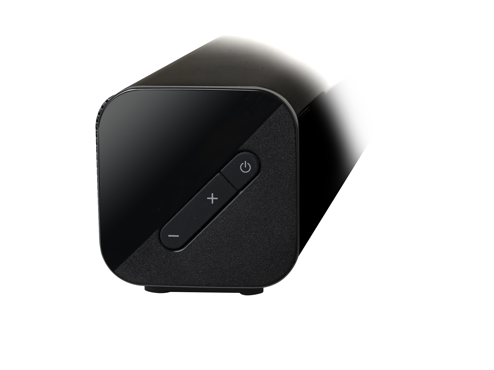 Eine schwarze Soundbar mit Ein- und Aus- sowie Lautstärketasten an der Seite, weißer Hintergrund.