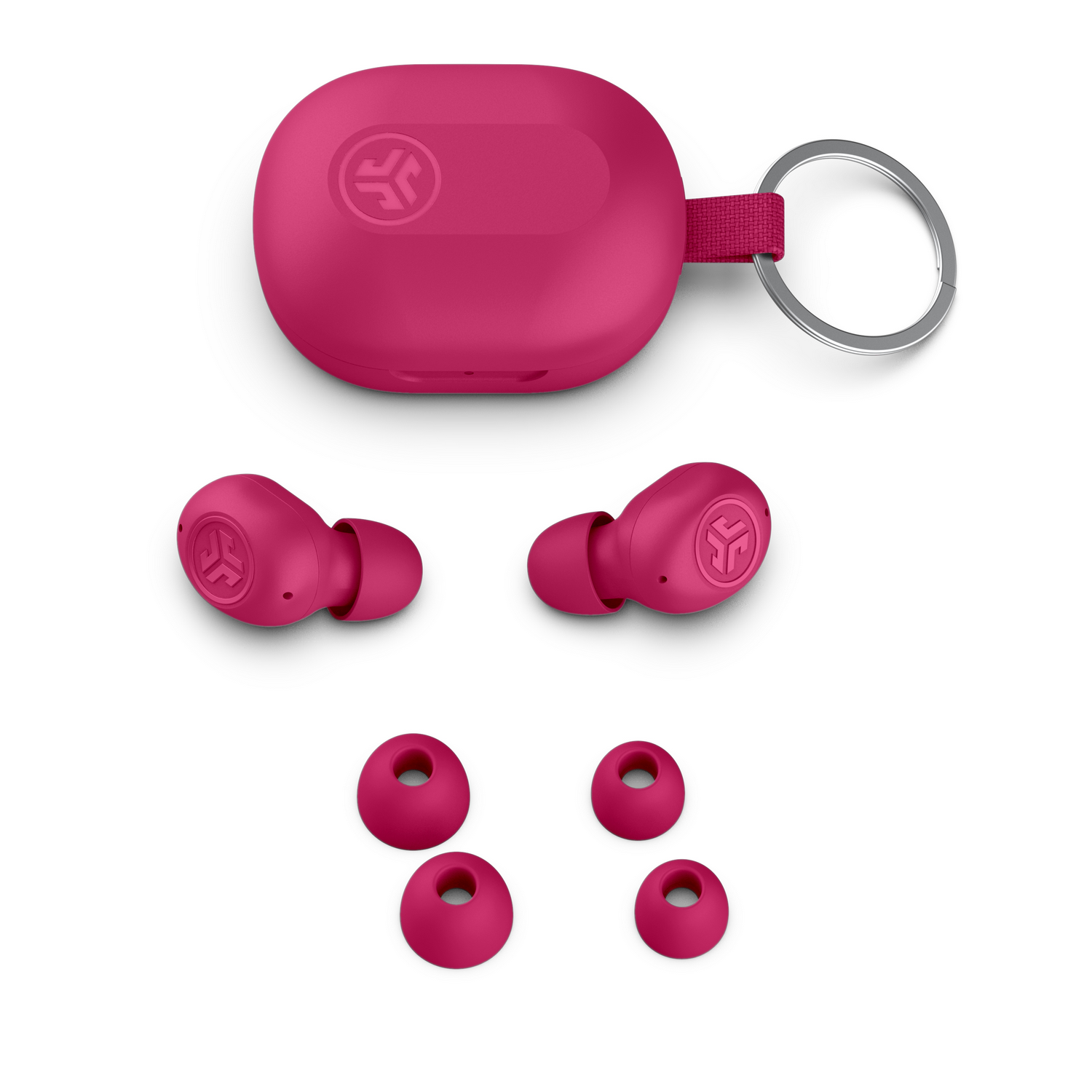 Roze draadloze oortelefoons, oplaadcase en extra oortips op een witte achtergrond.
