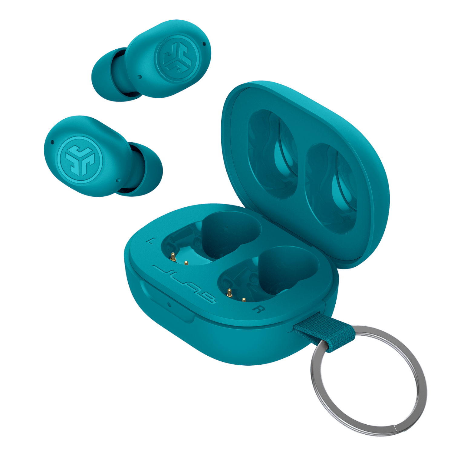 Turquoise oortelefoons en oplaadcase met sleutelhanger. Twee oortelefoons zweven. De case is open.