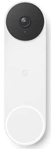 Biały dzwonek do drzwi z czarną częścią kamery na górze i okrągłym przyciskiem na dole.