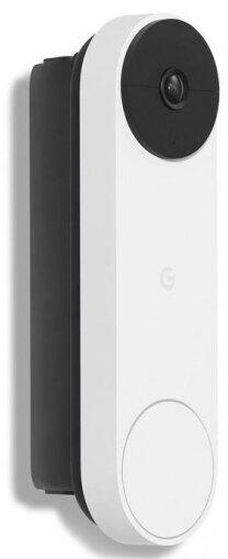 Biały dzwonek do drzwi Google Nest. Czarny obiektyw kamery i głośnik. Zamontowany na ścianie.