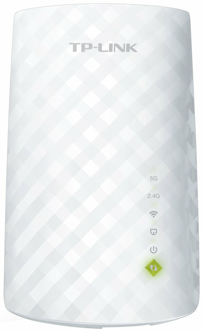 Biały wzmacniacz sygnału TP-Link z wzorem. Posiada wskaźniki 5G, 2.4G, wifi i zasilania.