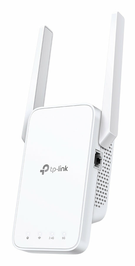 Biały przedłużacz zasięgu Wi-Fi TP-Link z dwiema antenami, na białym tle.