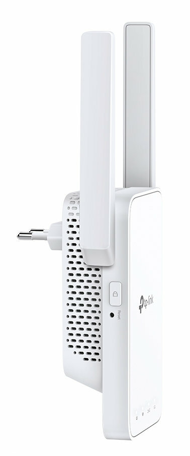 Biały wzmacniacz Wi-Fi z dwiema antenami, wtyczką i przyciskami.