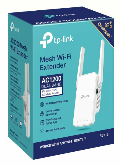 Pudełko do przedłużacza Wi-Fi tp-link mesh z obrazem urządzenia.