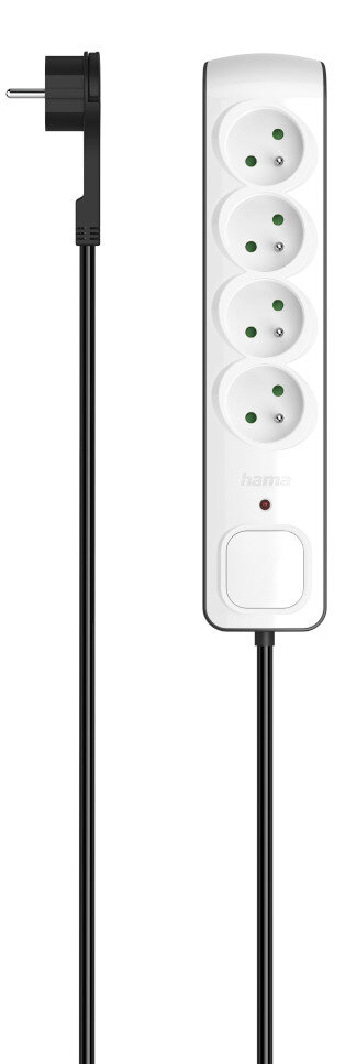 Biała listwa zasilająca z pięcioma gniazdami i czarnym kablem z wtyczką. Czerwony wskaźnik zasilania.
