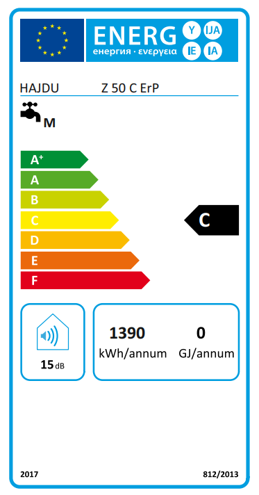 Energia címke. HAJDU Z 50 C ErP. Energiahatékonyságot és fogyasztást mutat kWh-ban és GJ-ban.