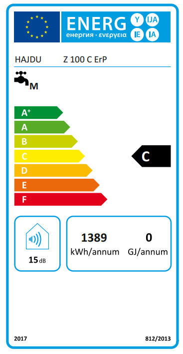Egy energiacímke A+ és F skálával, és egy csap ikonnal.