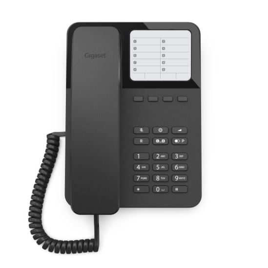 Siyah Gigaset masa telefonu, ahize ve ekran ile. Beyaz zemin.
