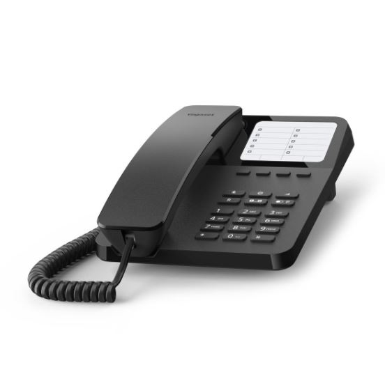 Siyah ofis telefonu. Ahize solda, düğmeler aşağıda, beyaz arka plan.