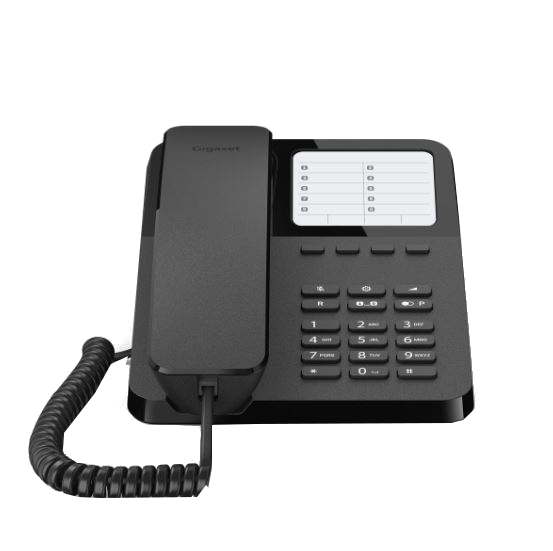 Siyah Gigaset telefon. Bir ekranı ve sayı tuşları var.