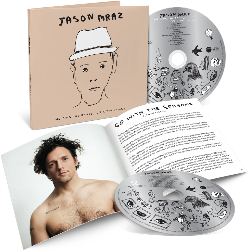 Album borító, CD-k és egy félmeztelen férfi. A borítón egy ember rajza és a 'Jason Mraz' felirat látható.