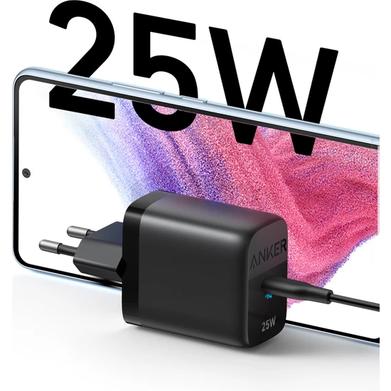 Arka planda bir telefonla birlikte siyah Anker 25W şarj cihazı.