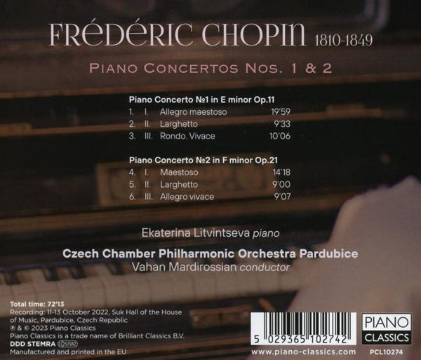 Albumcover mit Text und Titelliste für Frédéric Chopin, Klavierkonzerte.