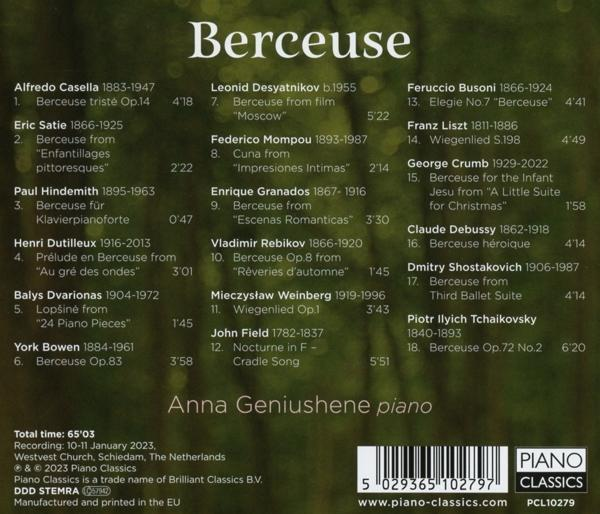 CD-Cover zeigt Musiktitel und Trackliste mit dem Namen des Künstlers, Anna Geniushene, Klavier.