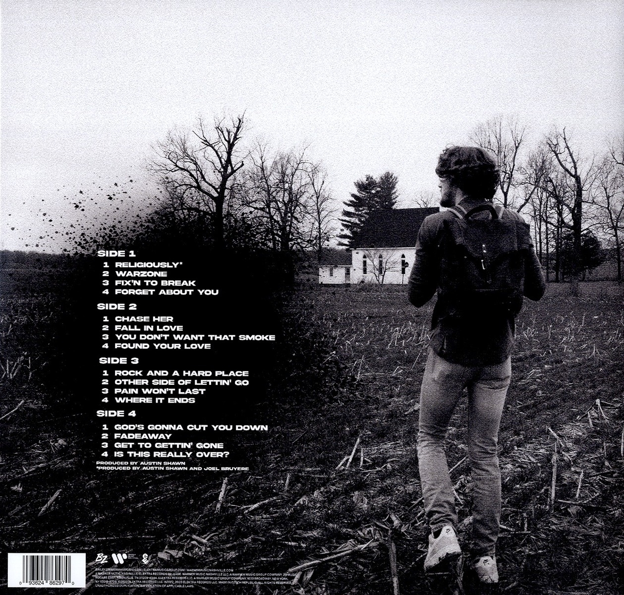 Albumcover mit Text und Bild eines Mannes von hinten auf einem Feld.