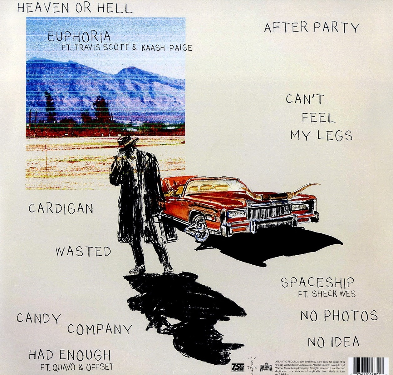 Albumcover mit einem Mann, einem roten Auto und Text über einer Landschaft und Stadt.
