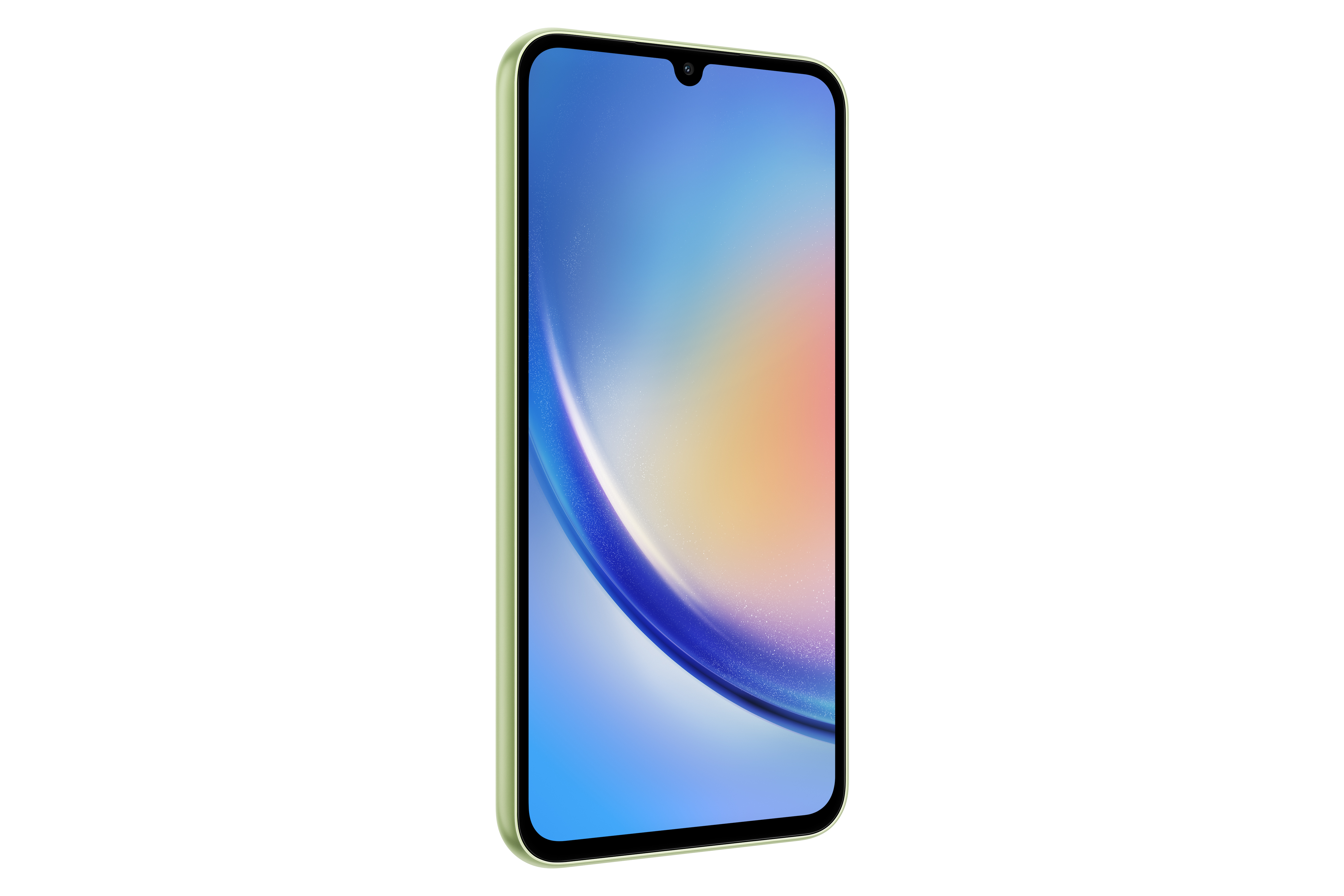 Mavi ve turuncu gradyanlı açık yeşil bir telefon.