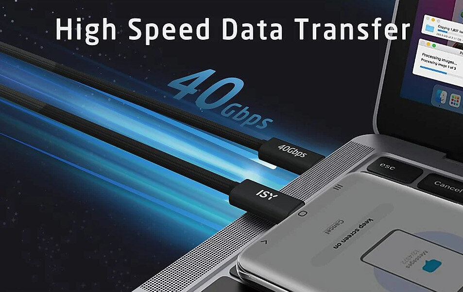 Czarny kabel USB-C łączący laptopa i telefon. Tekst: Szybki transfer danych, 40 Gbps.