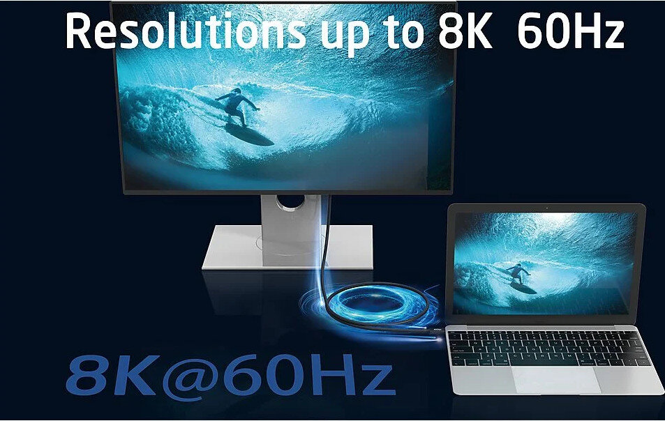 Monitor i laptop pokazują surfera na fali. Tekst: Rozdzielczości do 8K 60Hz. 8K@60Hz.
