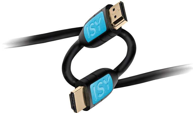 Dwa czarne kable HDMI połączone, z niebiesko-białymi etykietami. Złote złącza.