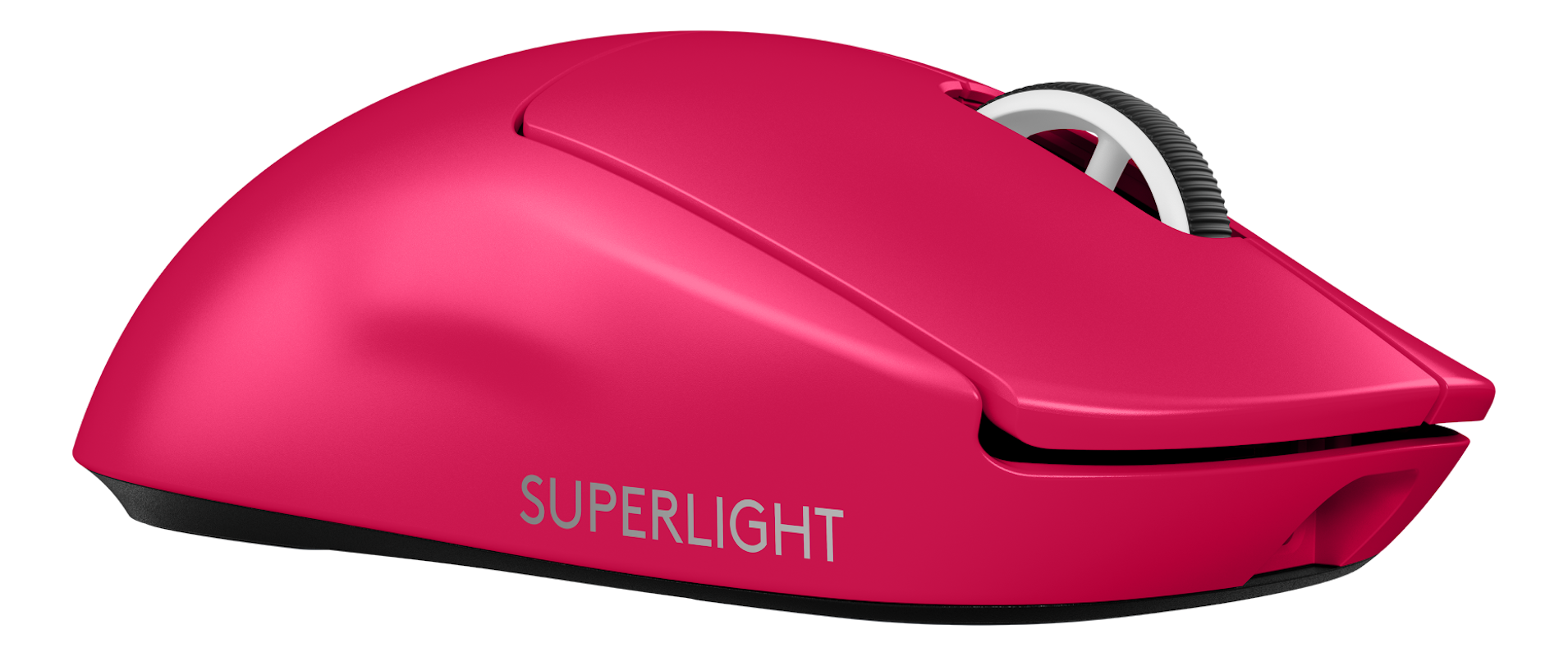 Souris sans fil rose. Le mot 'SUPERLIGHT' est imprimé sur la souris.