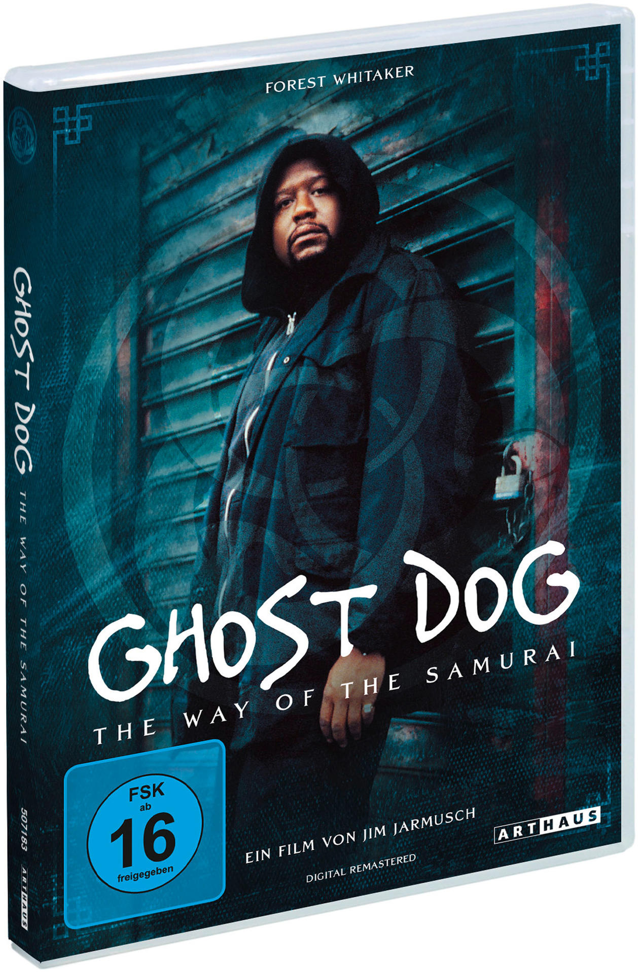 DVD-Cover. Forest Whitaker in Kapuzenjacke. Titel: Ghost Dog: The Way of the Samurai. Bewertung: FSK 16.