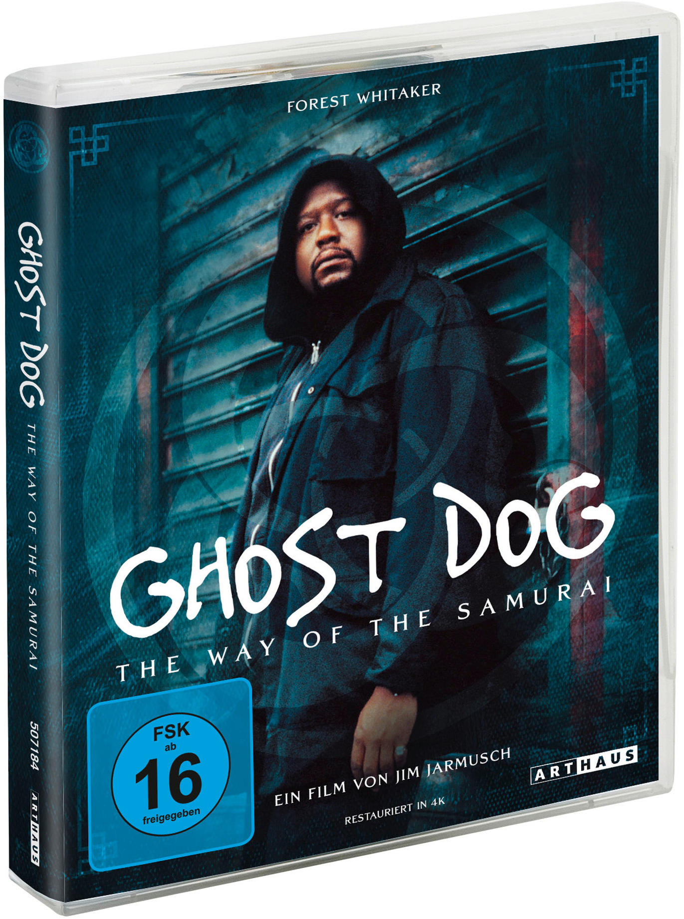 DVD-Cover für 'Ghost Dog: The Way of the Samurai' mit Forest Whitaker. Blaues und weißes Design, mit Filmtitel und Bewertung.