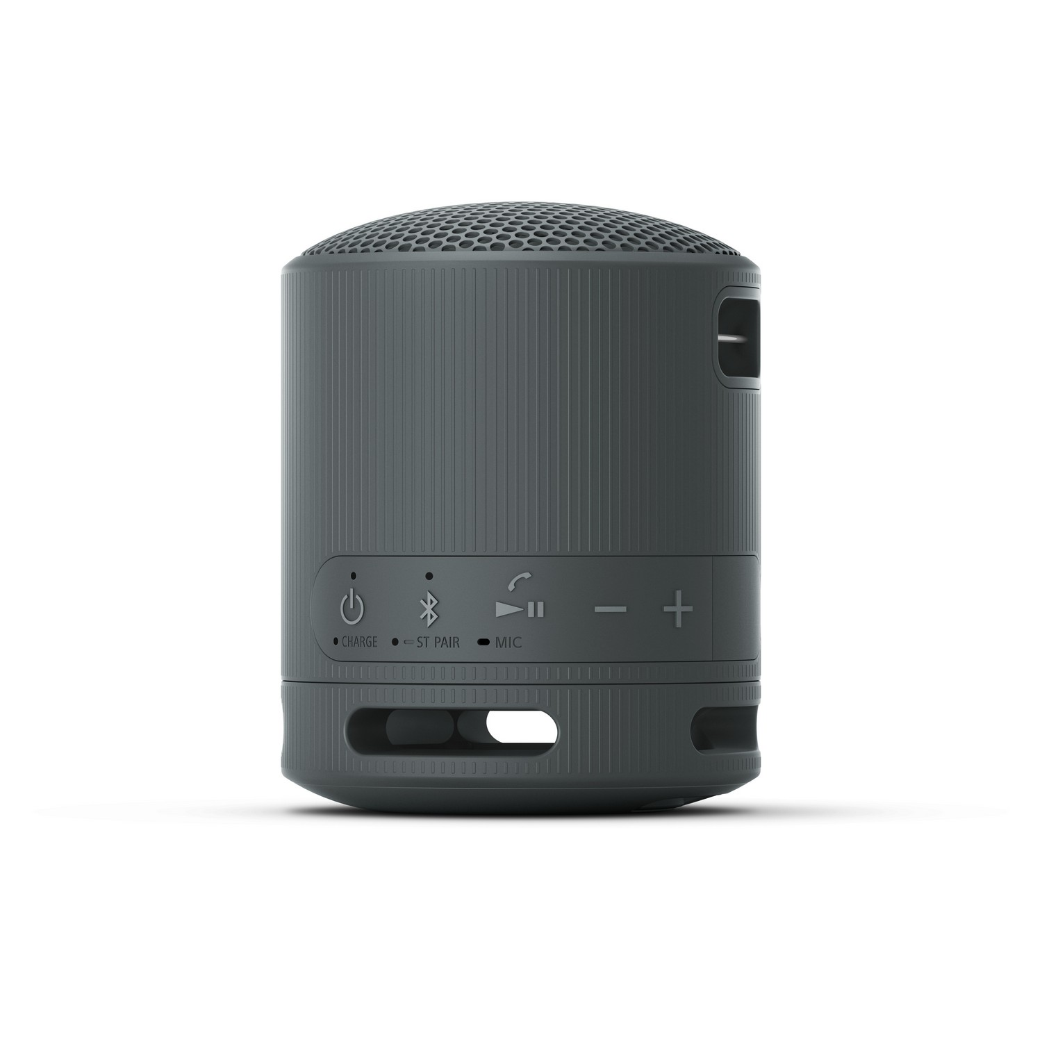 Petit haut-parleur cylindrique gris. Boutons d'alimentation, appairage et volume.