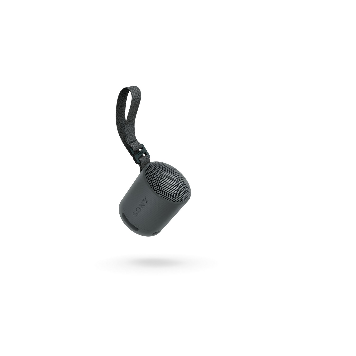 Enceinte portable Sony, gris foncé avec sangle noire, isolée sur fond blanc.