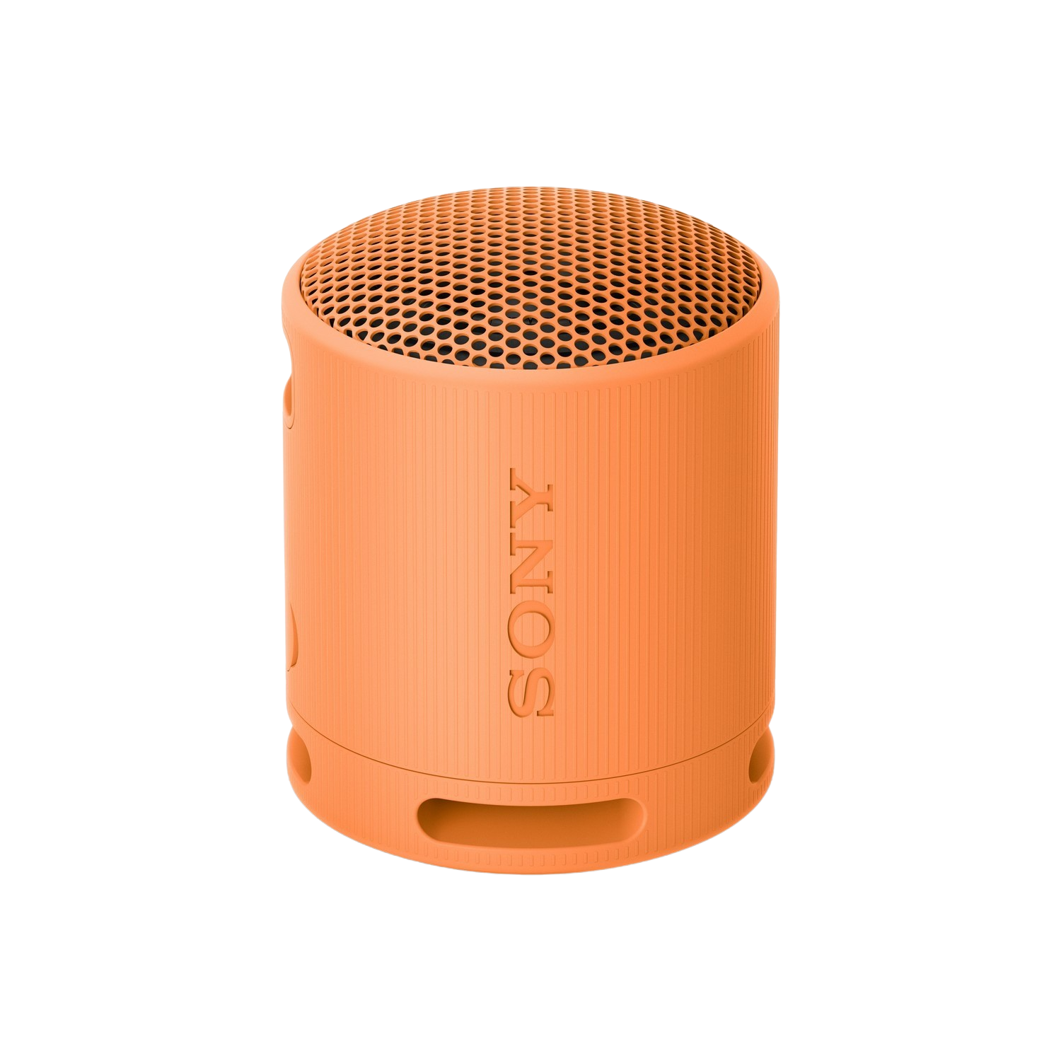 Un haut-parleur Sony orange avec un dessus en maille. Le haut-parleur est cylindrique.