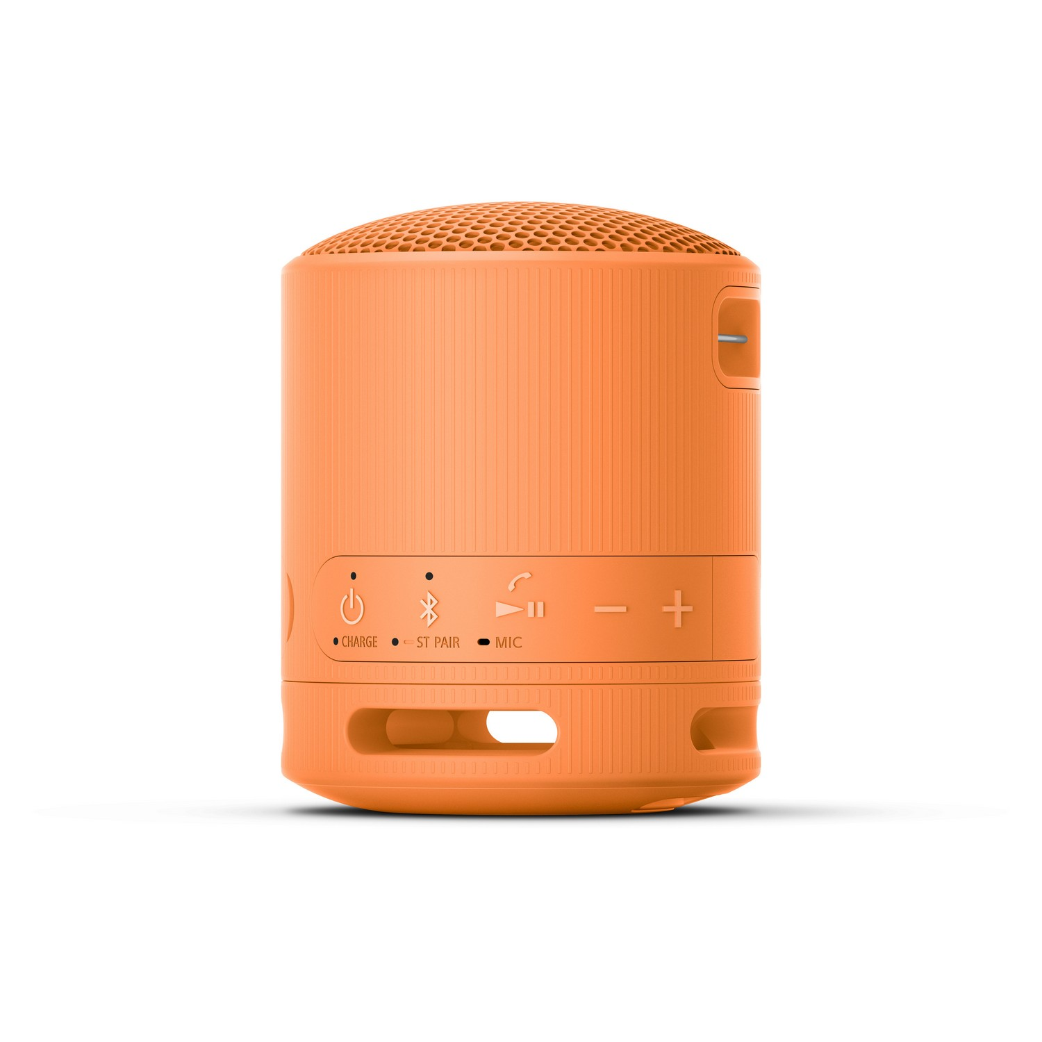 Haut-parleur portable orange avec boutons : marche/arrêt, appairage, micro, plus et moins.