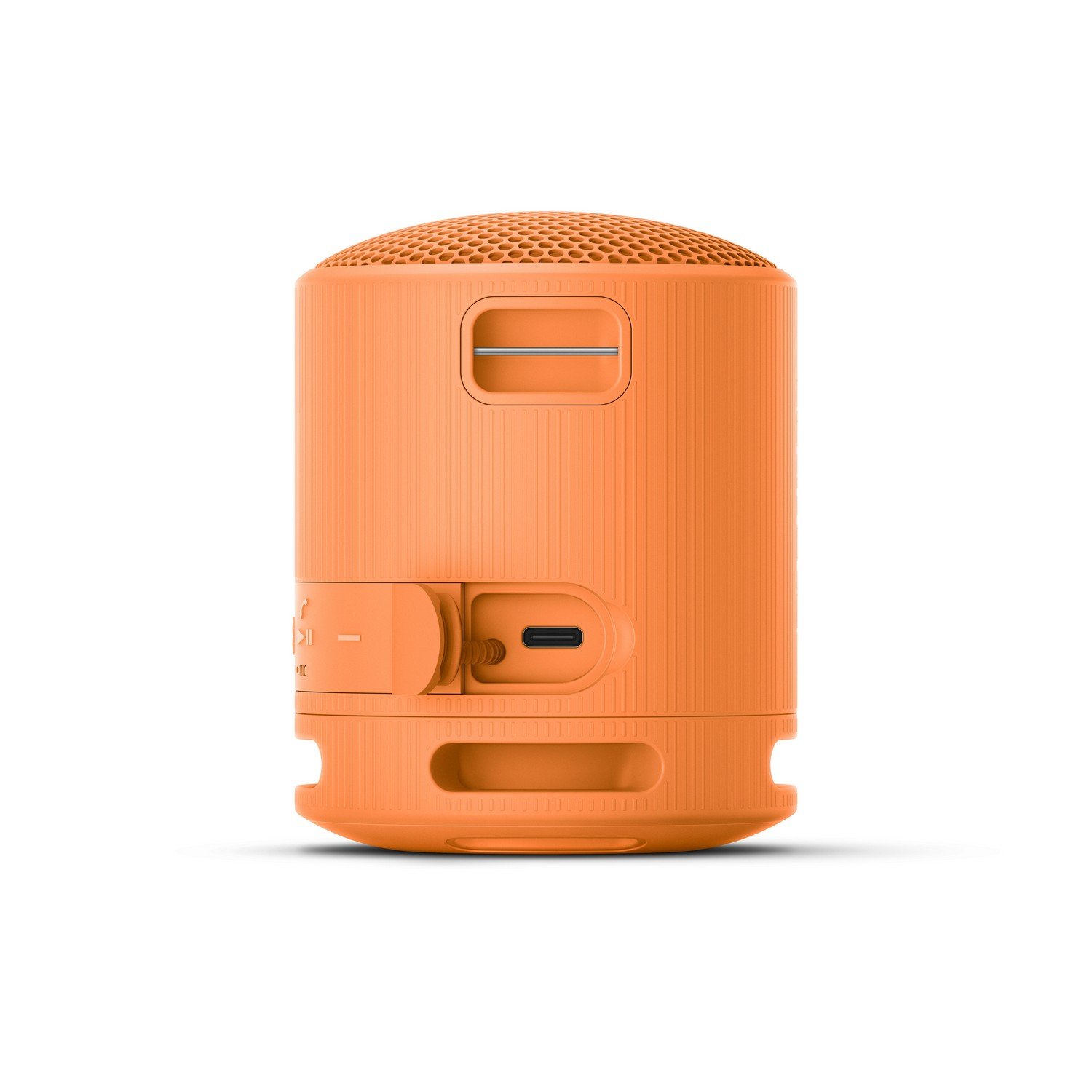 Haut-parleur cylindrique orange avec boutons et port USB. Fond blanc.