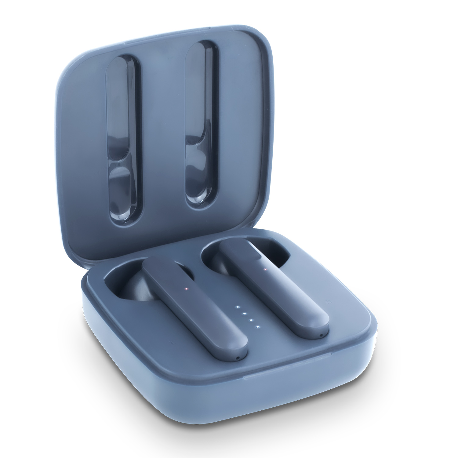 Un estuche de carga azul que contiene dos auriculares inalámbricos, sobre un fondo blanco.