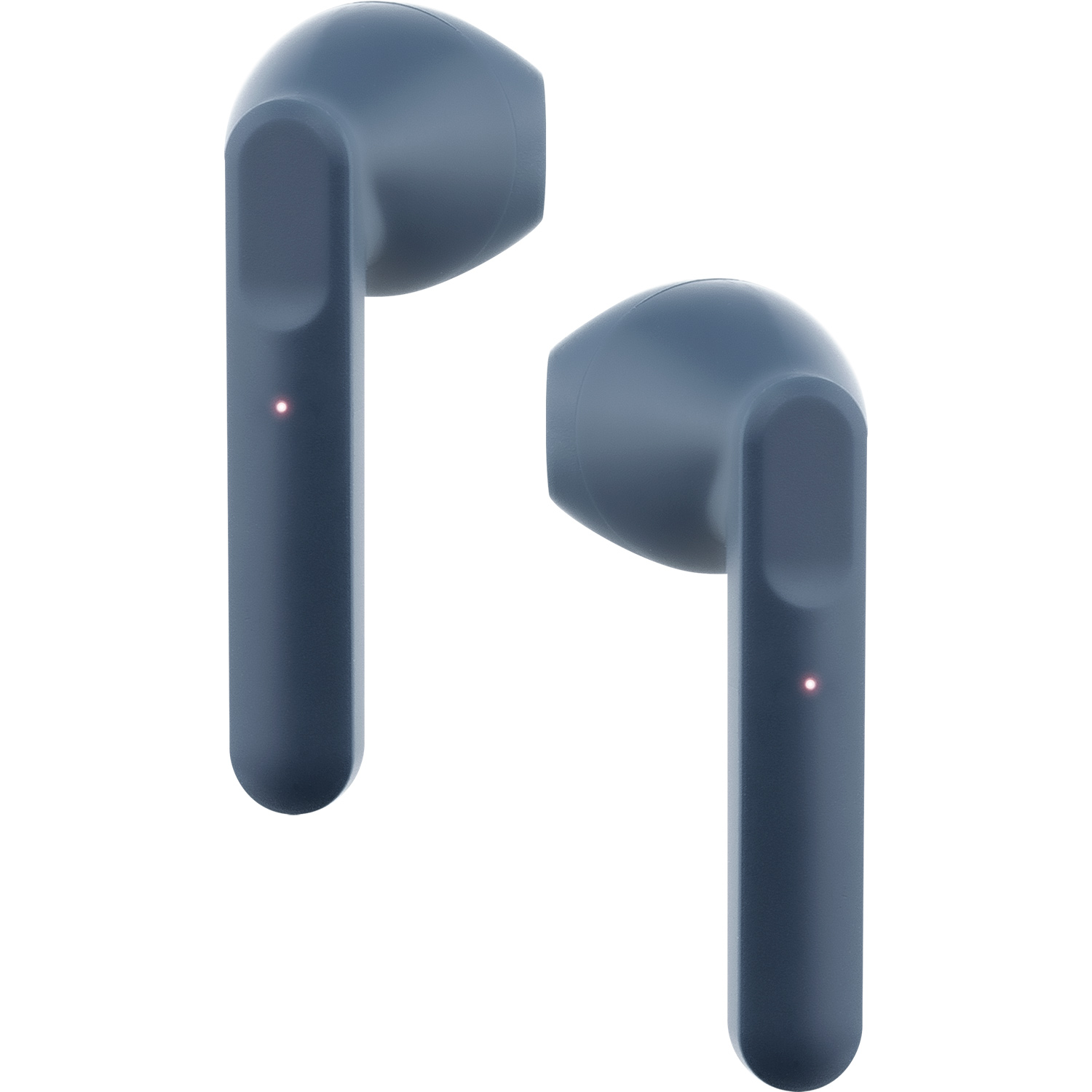 Par de auriculares inalámbricos azules. Cada uno tiene una luz indicadora roja. Fondo blanco.