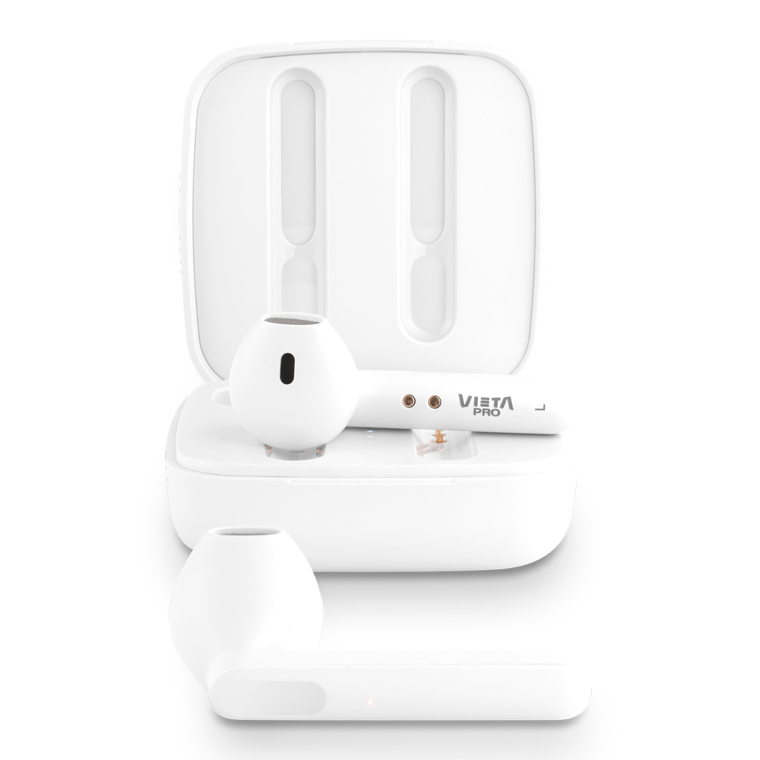 Auriculares blancos en un estuche de carga y un solo auricular.
