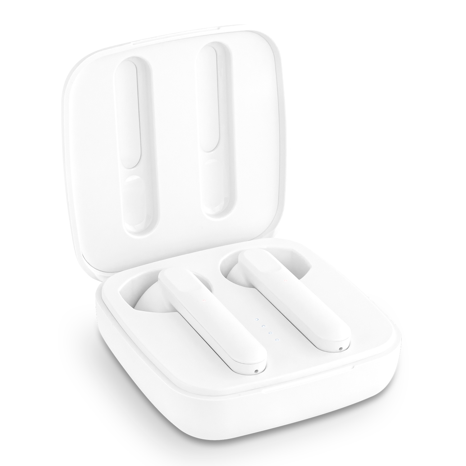 Auriculares blancos en un estuche de carga blanco con la tapa abierta.