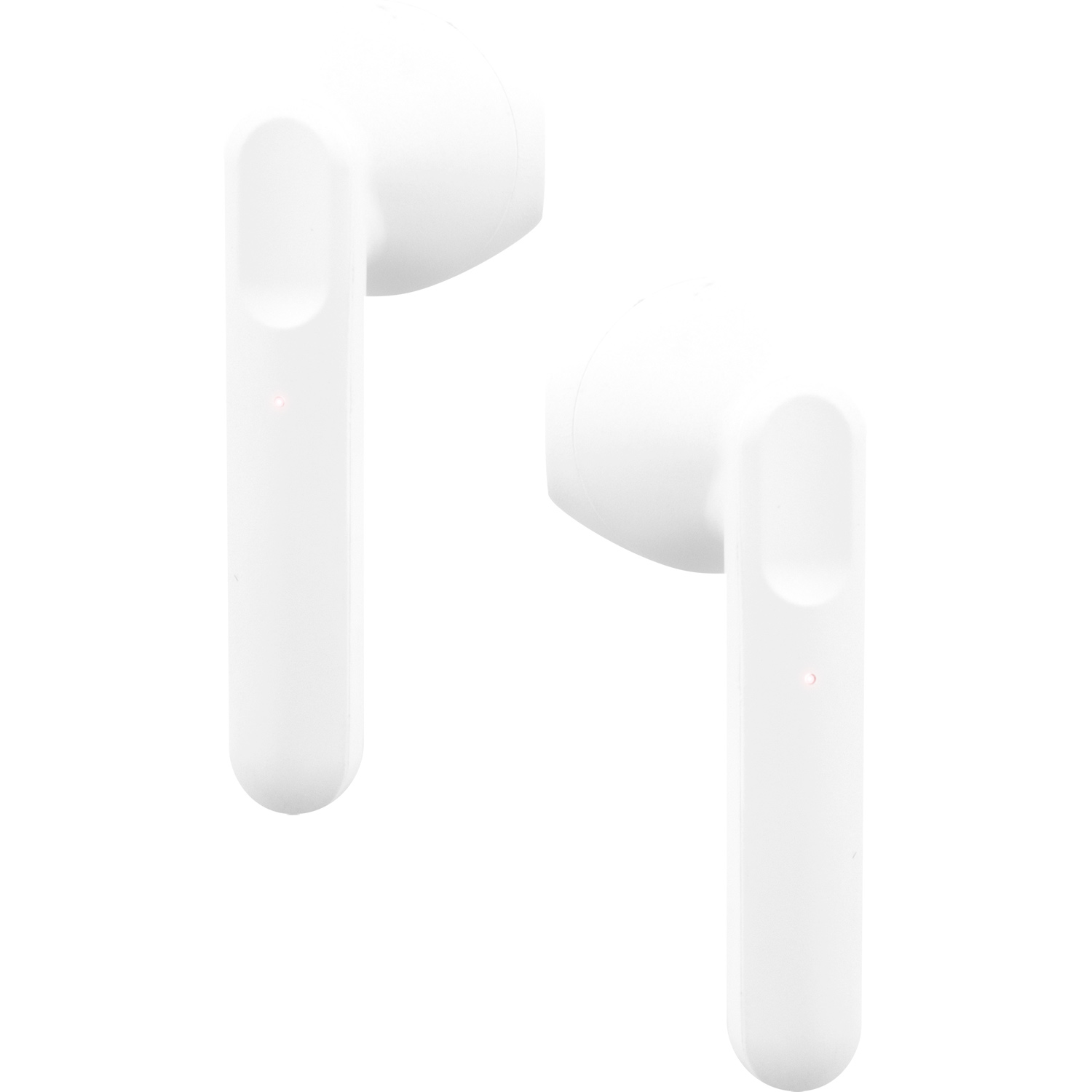 Dos auriculares inalámbricos blancos sobre fondo blanco. Cada uno tiene una pequeña luz roja.