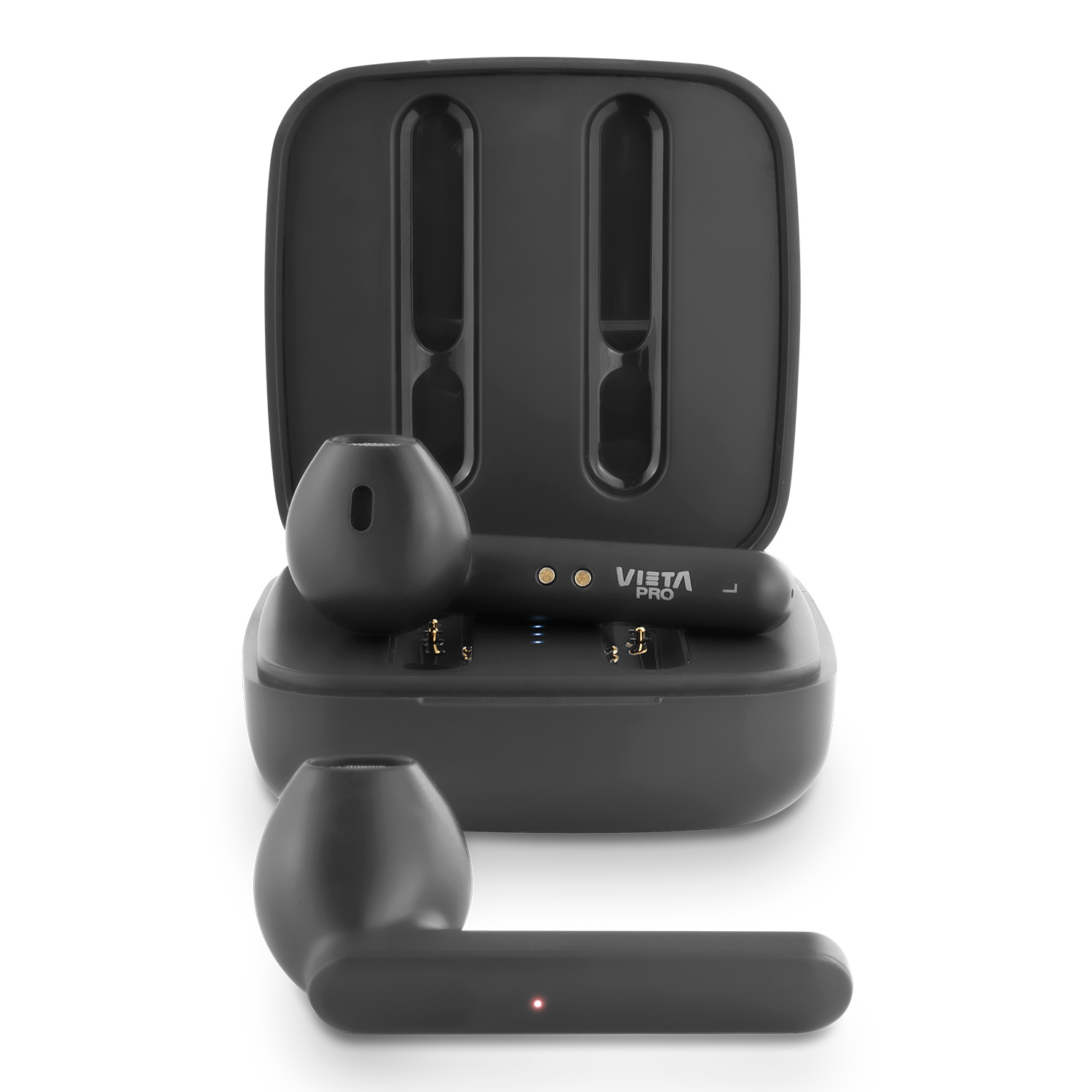 Auriculares Vienta Pro negros en su estuche de carga, con un auricular afuera.