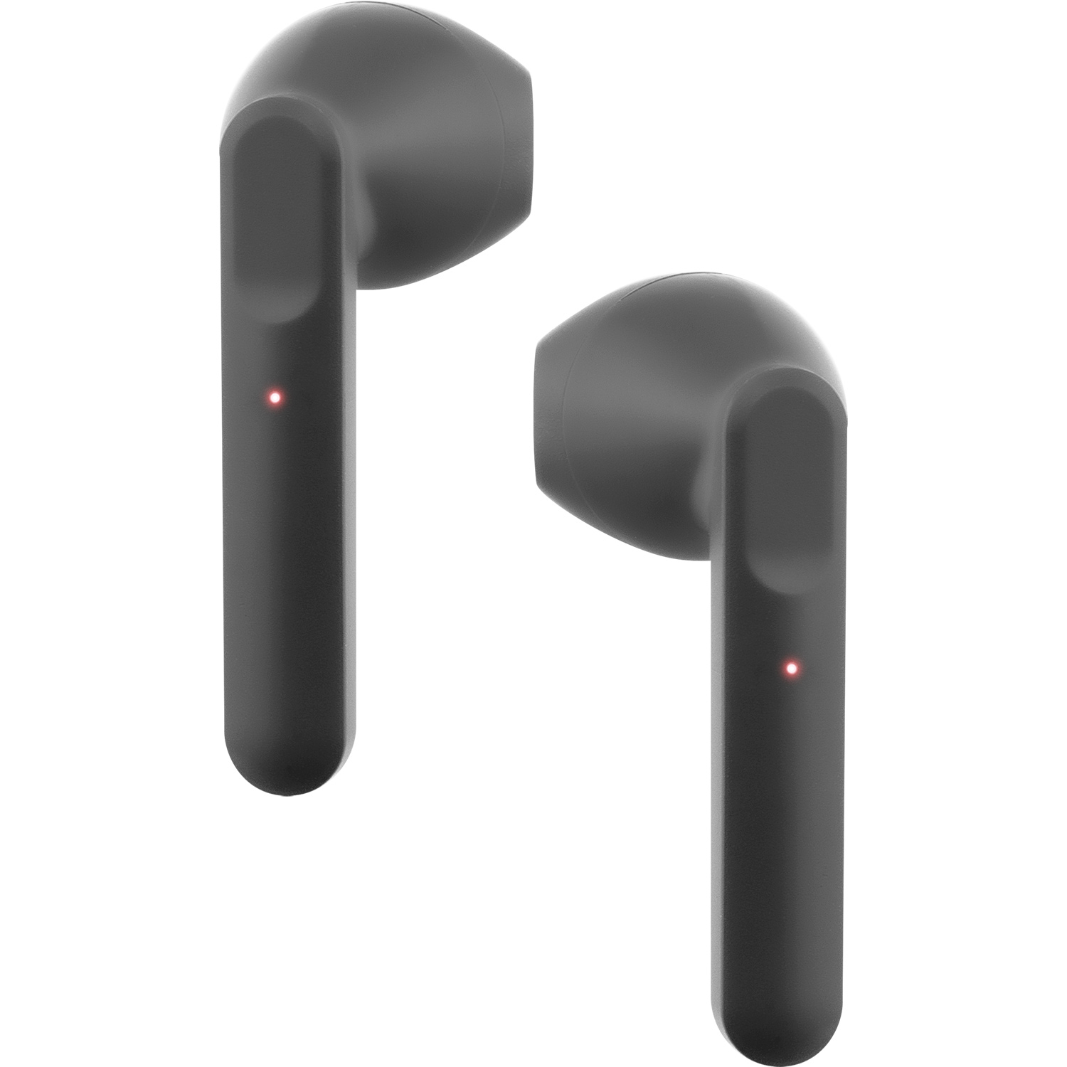 Dos auriculares inalámbricos negros con luces rojas, aislados sobre fondo blanco.