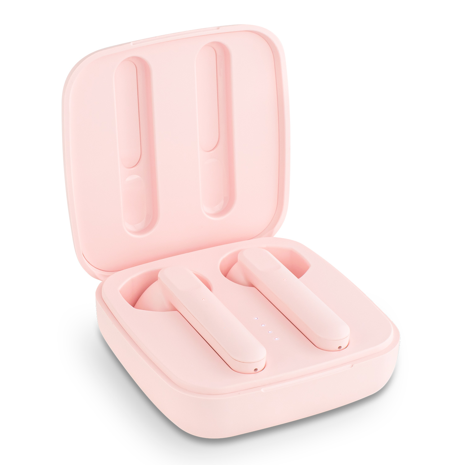 Estuche rosa abierto para auriculares. Dos auriculares rosas dentro, con luces indicadoras de batería.