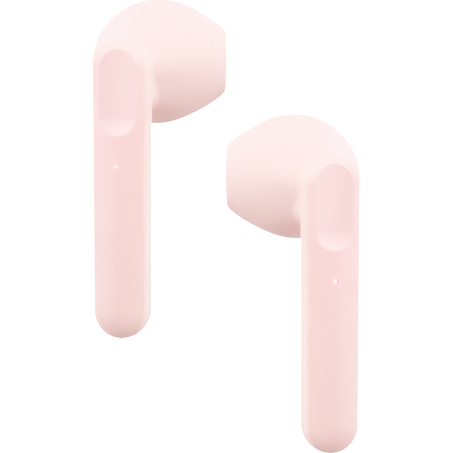 Auriculares inalámbricos rosas, con un fondo blanco. Los auriculares se muestran por separado.